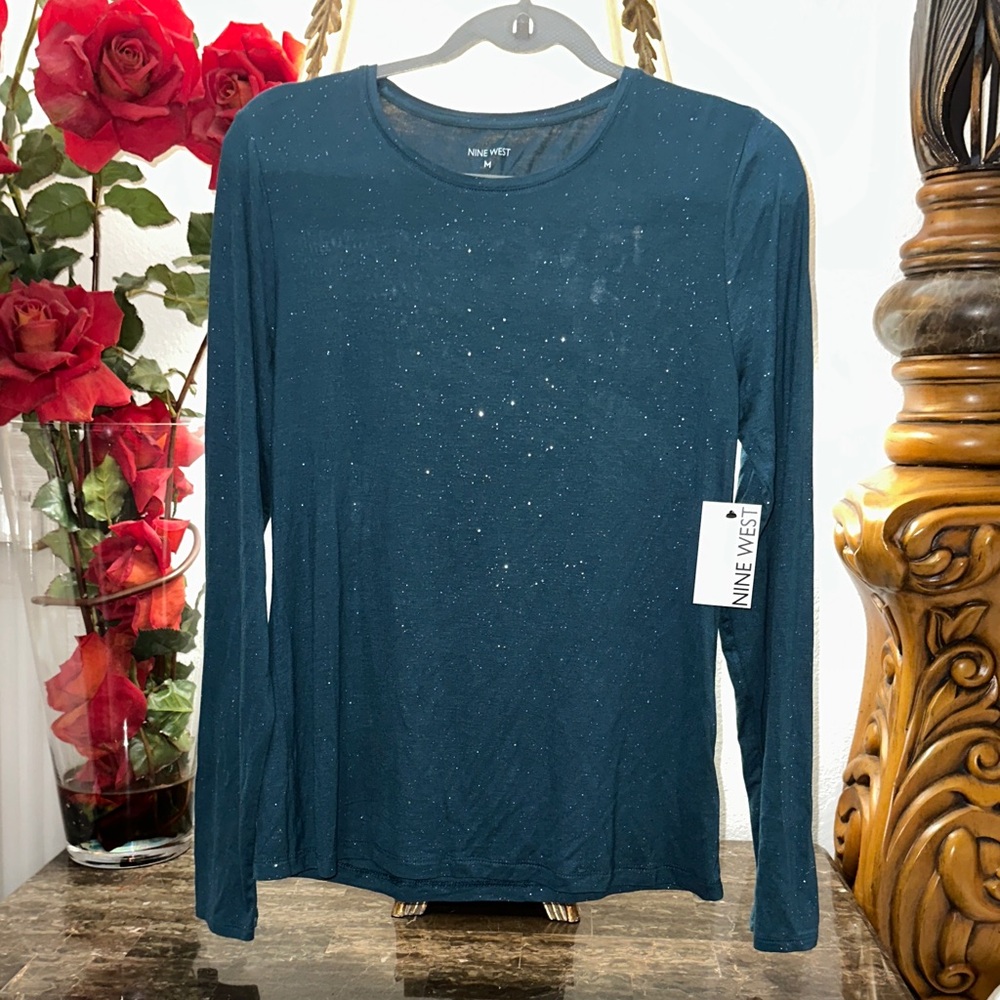 Nine West Women's Dark Teal Essential Long Sleeve Crewneck Tee